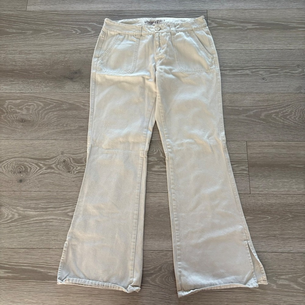 Aeropostale Womens Beige Patch-Pocket Mid Rise Slit Wide Leg Jeans 9/10